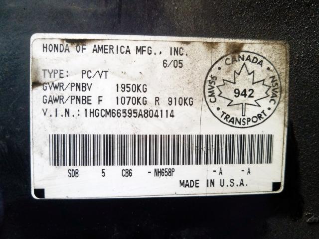 1HGCM66595A804114 - 2005 HONDA ACCORD EX  photo 10