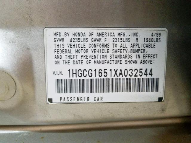 1HGCG1651XA032544 - 1999 HONDA ACCORD EX  photo 10