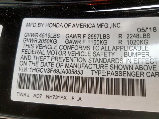 1HGCV3F69JA005853 - 2018 HONDA ACCORD HYBRID EXL  photo 10