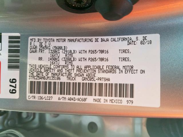 3TMCZ5AN8JM135106 - 2018 TOYOTA TACOMA DOUBLE CAB  照片 10