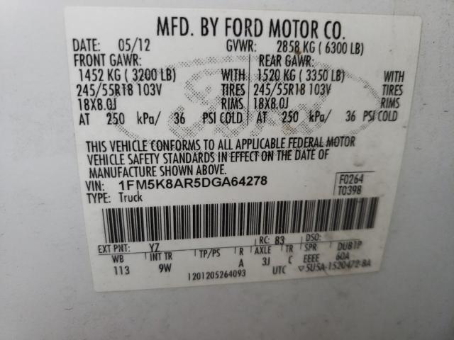 1FM5K8AR5DGA64278 - 2013 FORD EXPLORER POLICE INTERCEPTOR WHITE photo 10