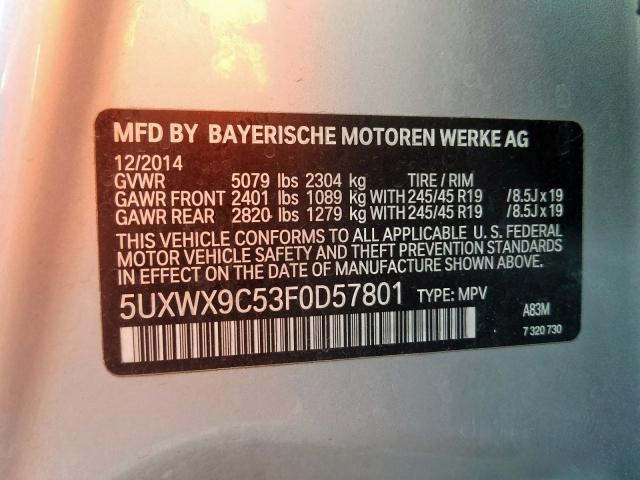 5UXWX9C53F0D57801 - 2015 BMW X3 XDRIVE28I  photo 10