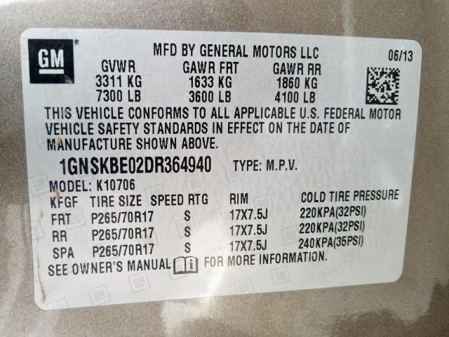 1GNSKBE02DR364940 - 2013 CHEVROLET TAHOE K1500 LT  photo 10