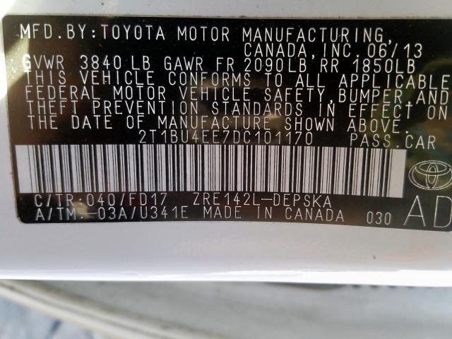 2T1BU4EE7DC101170 - 2013 TOYOTA COROLLA BASE  photo 10