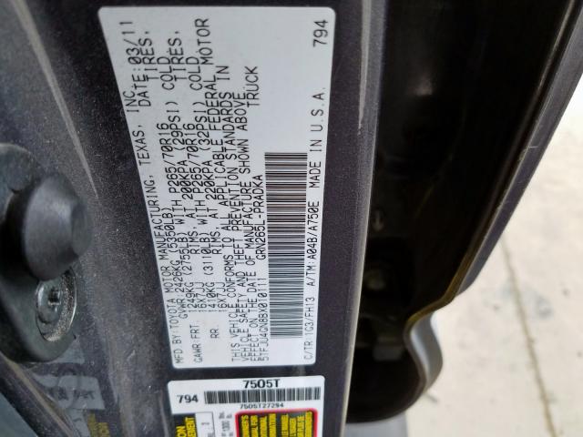 5TFJU4GN8BX010111 - 2011 TOYOTA TACOMA DOUBLE CAB PRERUNNER  photo 10