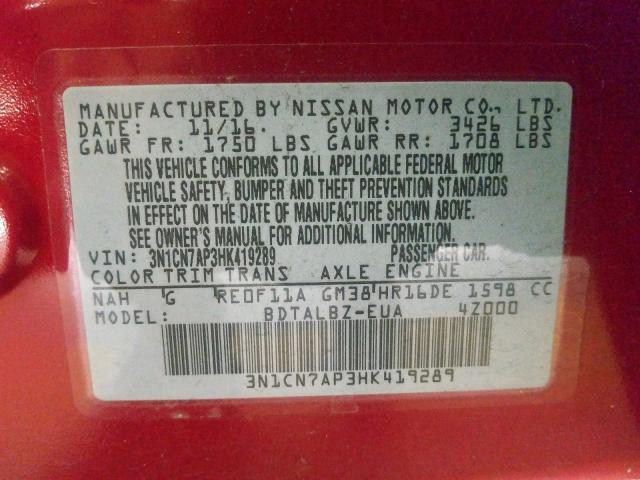 3N1CN7AP3HK419289 - 2017 NISSAN VERSA S  photo 10