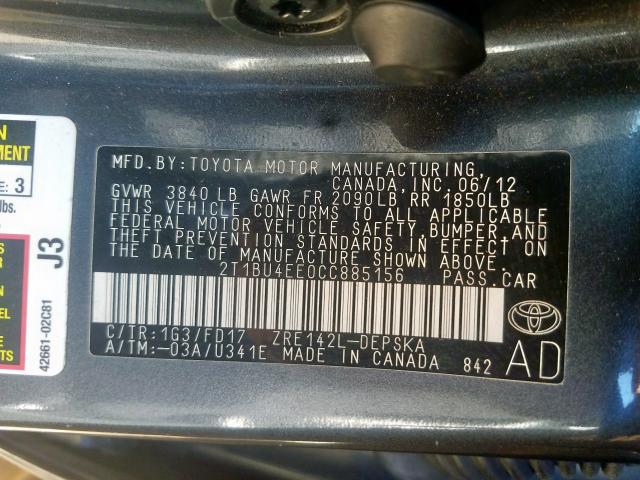 2T1BU4EE0CC885156 - 2012 TOYOTA COROLLA BASE  photo 10