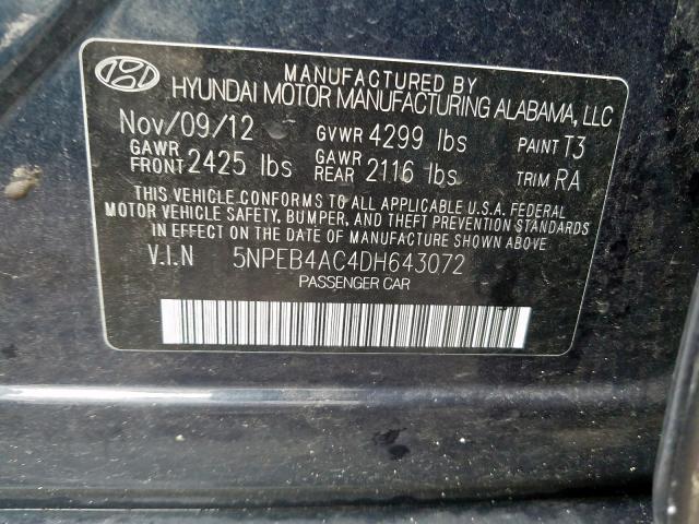 5NPEB4AC4DH643072 - 2013 HYUNDAI SONATA GLS  photo 10