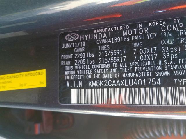 KM8K2CAAXLU401754 - 2020 HYUNDAI KONA SEL  photo 10