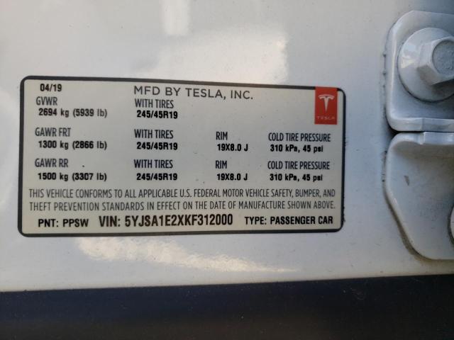 5YJSA1E2XKF312000 - 2019 TESLA MODEL S Սպիտակ լուսանկար 10