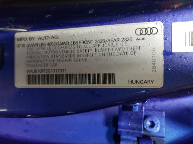 WAUB1GFF2G1017071 - 2016 AUDI S3 PREMIUM PLUS BLUE photo 10