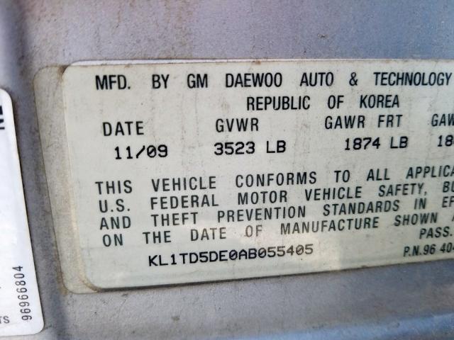 KL1TD5DE0AB055405 - 2010 CHEVROLET AVEO LS  ფოტო 10