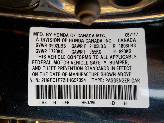 2HGFC1F72HH657094 - 2017 HONDA CIVIC EXL  照片 10