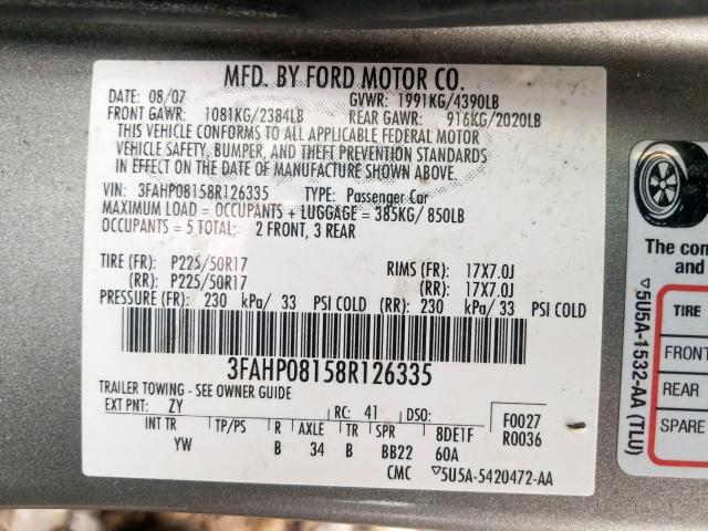 3FAHP08158R126335 - 2008 FORD FUSION SEL  photo 10