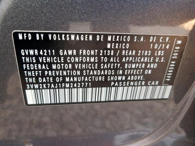 3VW2K7AJ1FM242771 - 2015 VOLKSWAGEN JETTA BASE  照片 10