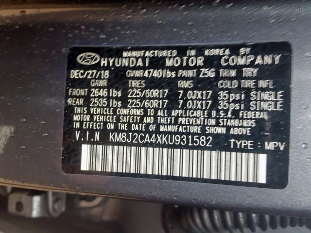 KM8J2CA4XKU931582 - 2019 HYUNDAI TUCSON SE  photo 10