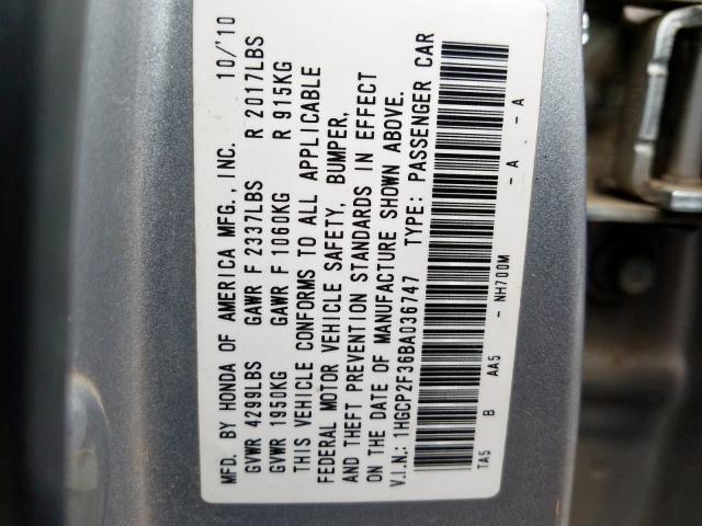 1HGCP2F36BA036747 - 2011 HONDA ACCORD LX  photo 10