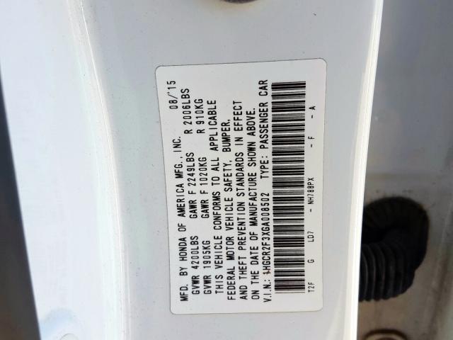 1HGCR2F3XGA008502 - 2016 HONDA ACCORD LX  photo 10