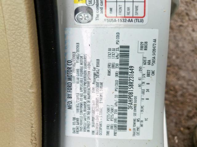 3FAHP08158R231649 - 2008 FORD FUSION SEL  photo 10