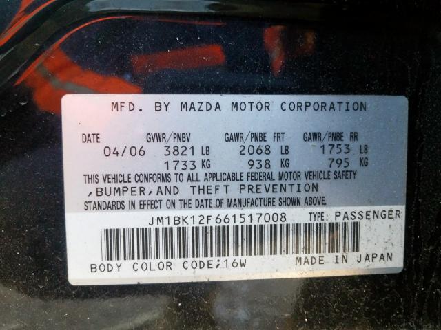 JM1BK12F661517008 - 2006 MAZDA 3 I  photo 10