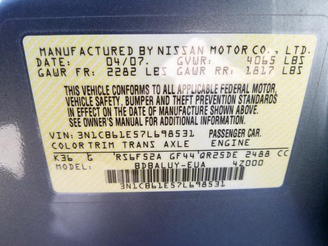 3N1CB61E57L698531 - 2007 NISSAN SENTRA SE-R SPEC V  photo 10