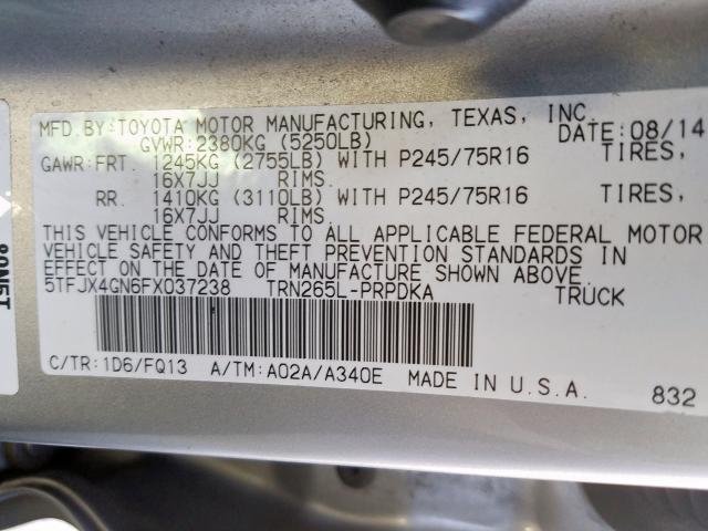 5TFJX4GN6FX037238 - 2015 TOYOTA TACOMA DOUBLE CAB PRERUNNER  photo 10