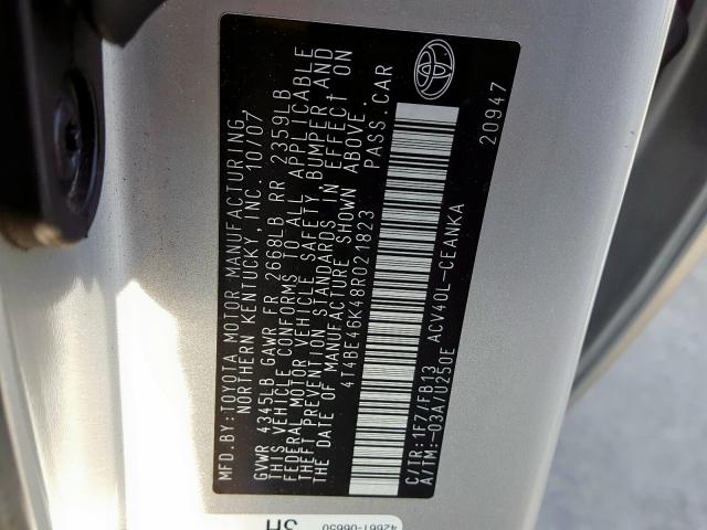 4T4BE46K48R021823 - 2008 TOYOTA CAMRY CE  photo 10