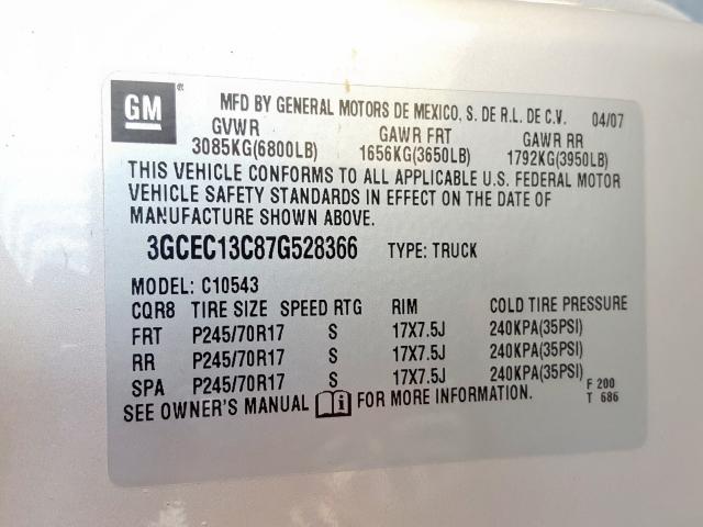 3GCEC13C87G528366 - 2007 CHEVROLET SILVERADO C1500 CREW CAB  photo 10