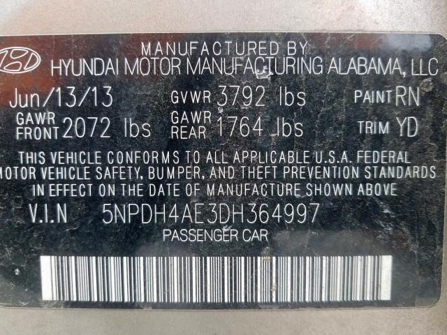 5NPDH4AE3DH364997 - 2013 HYUNDAI ELANTRA GLS  photo 10