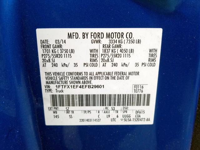 1FTFX1EF4EFB29601 - 2014 FORD F150 SUPER CAB  photo 10