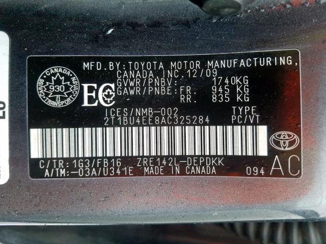 2T1BU4EE8AC325284 - 2010 TOYOTA COROLLA BASE  照片 10