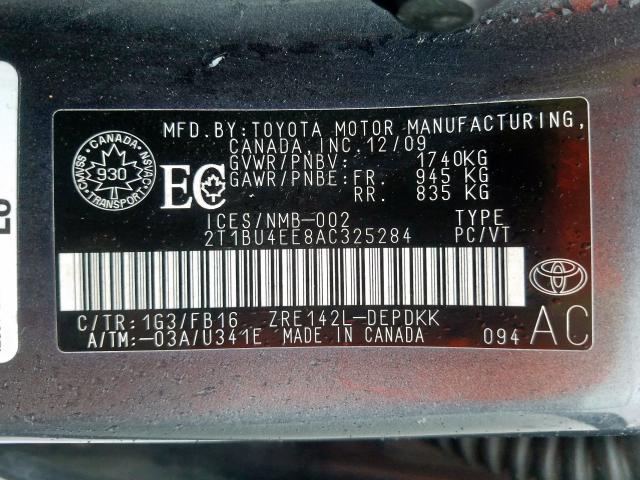 2T1BU4EE8AC325284 - 2010 TOYOTA COROLLA BASE  photo 10