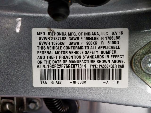 19XFC2F76GE077314 - 2016 HONDA CIVIC EX  photo 10