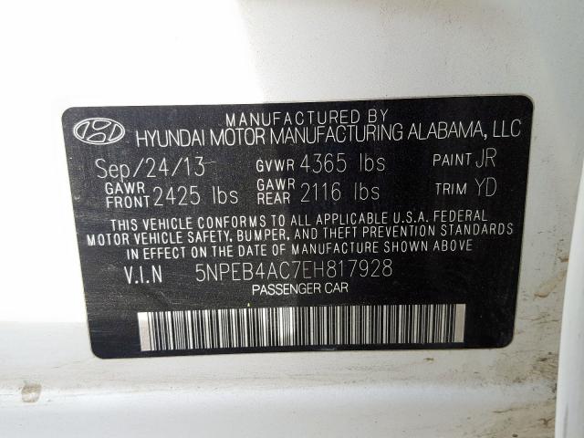 5NPEB4AC7EH817928 - 2014 HYUNDAI SONATA GLS  photo 10