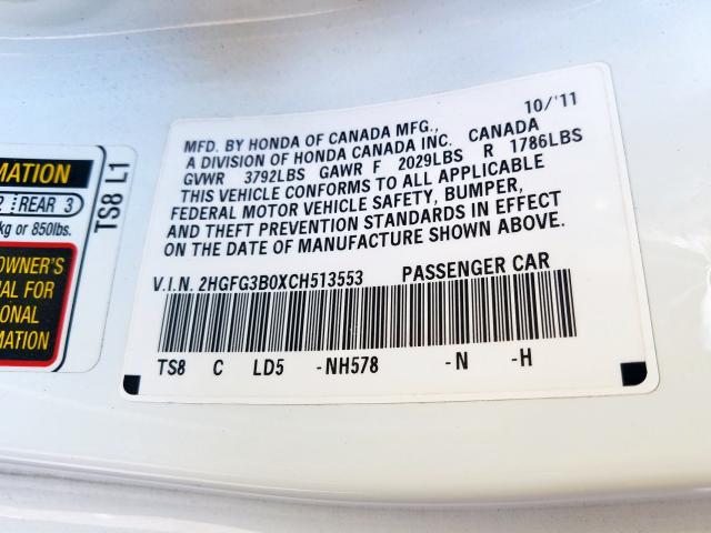 2HGFG3B0XCH513553 - 2012 HONDA CIVIC EXL  照片 10