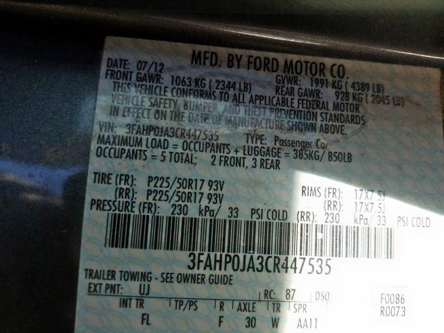 3FAHP0JA3CR447535 - 2012 FORD FUSION SEL  photo 10