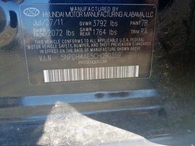 5NPDH4AE5CH090359 - 2012 HYUNDAI ELANTRA GLS  photo 10