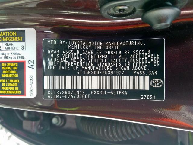 4T1BK3DB7BU391977 - 2011 TOYOTA AVALON BASE  照片 10