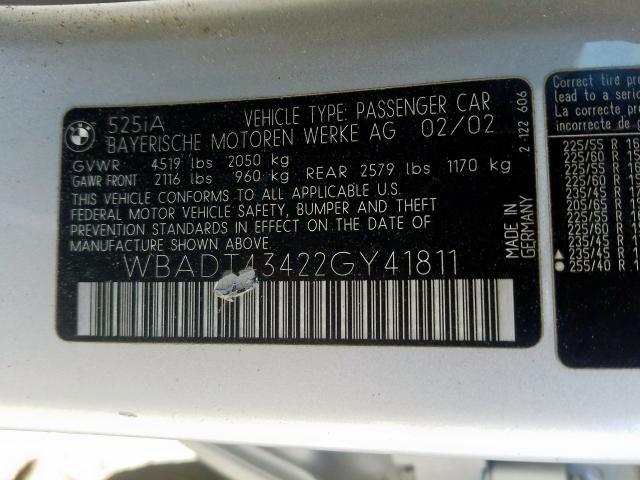 WBADT43422GY41811 - 2002 BMW 525 I AUTOMATIC  photo 10