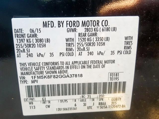 1FM5K8F82GGA37818 - 2016 FORD EXPLORER LIMITED  photo 10