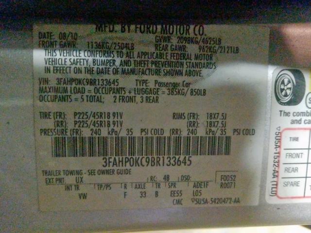 3FAHP0KC9BR133645 - 2011 FORD FUSION SPORT  photo 10