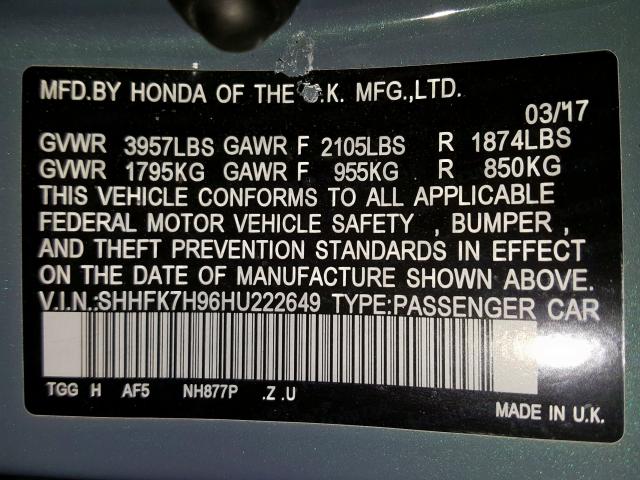 SHHFK7H96HU222649 - 2017 HONDA CIVIC SPORT TOURING  photo 10