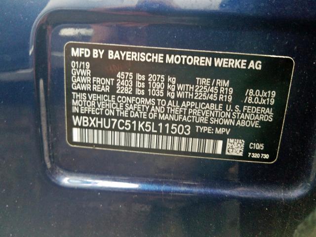 WBXHU7C51K5L11503 - 2019 BMW X1 SDRIVE28I  photo 10