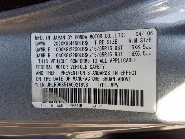 JHLRD68516C021898 - 2006 HONDA CR-V LX  photo 10