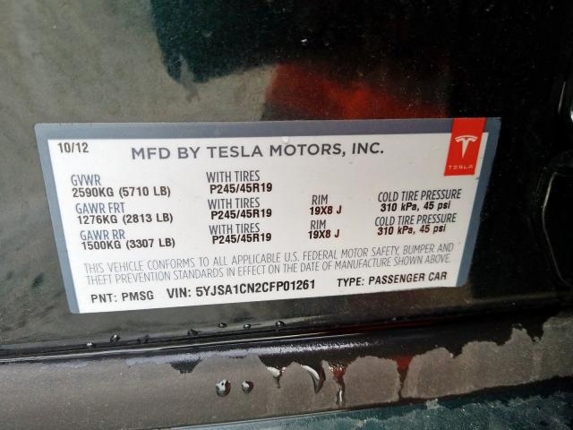 5YJSA1CN2CFP01261 - 2012 TESLA MODEL S  լուսանկար 10
