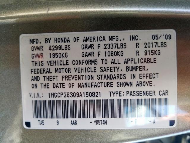 1HGCP26309A150821 - 2009 HONDA ACCORD LX  photo 10