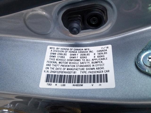 2HGFC2F87KH507181 - 2019 HONDA CIVIC SPORT  Foto 10