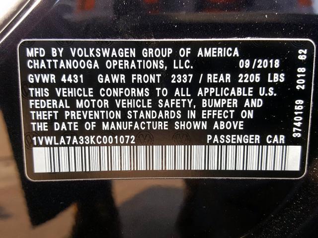 1VWLA7A33KC001072 - 2019 VOLKSWAGEN PASSAT WOLFSBURG  photo 10