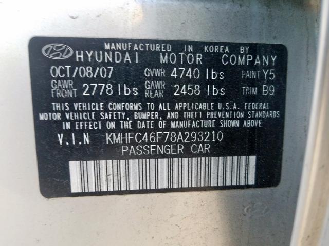 KMHFC46F78A293210 - 2008 HYUNDAI AZERA SE  photo 10