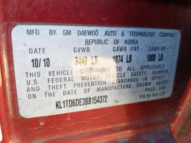 KL1TD6DE3BB154372 - 2011 CHEVROLET AVEO LS  ფოტო 10